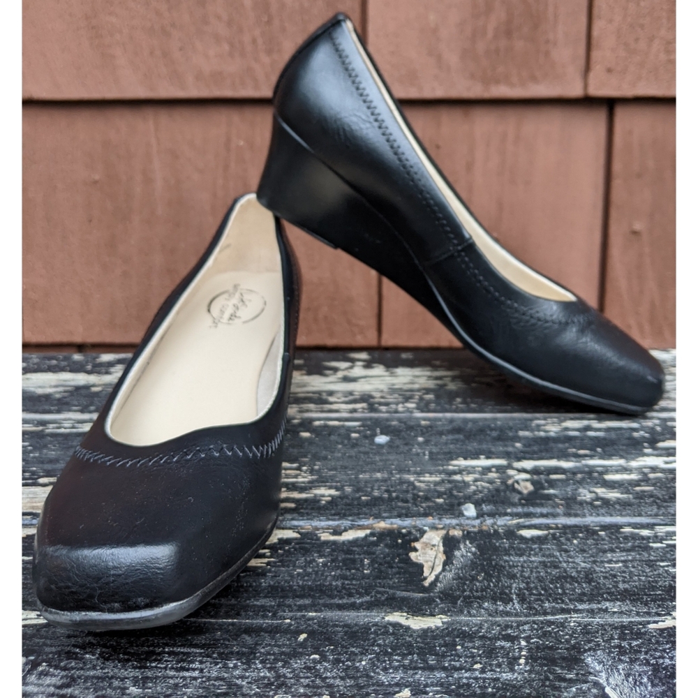Life Stride groovy black square toe slip on wedges 6